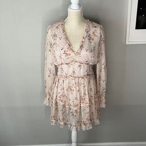 Fanco Pink floral ruffle open back long sleeve dress